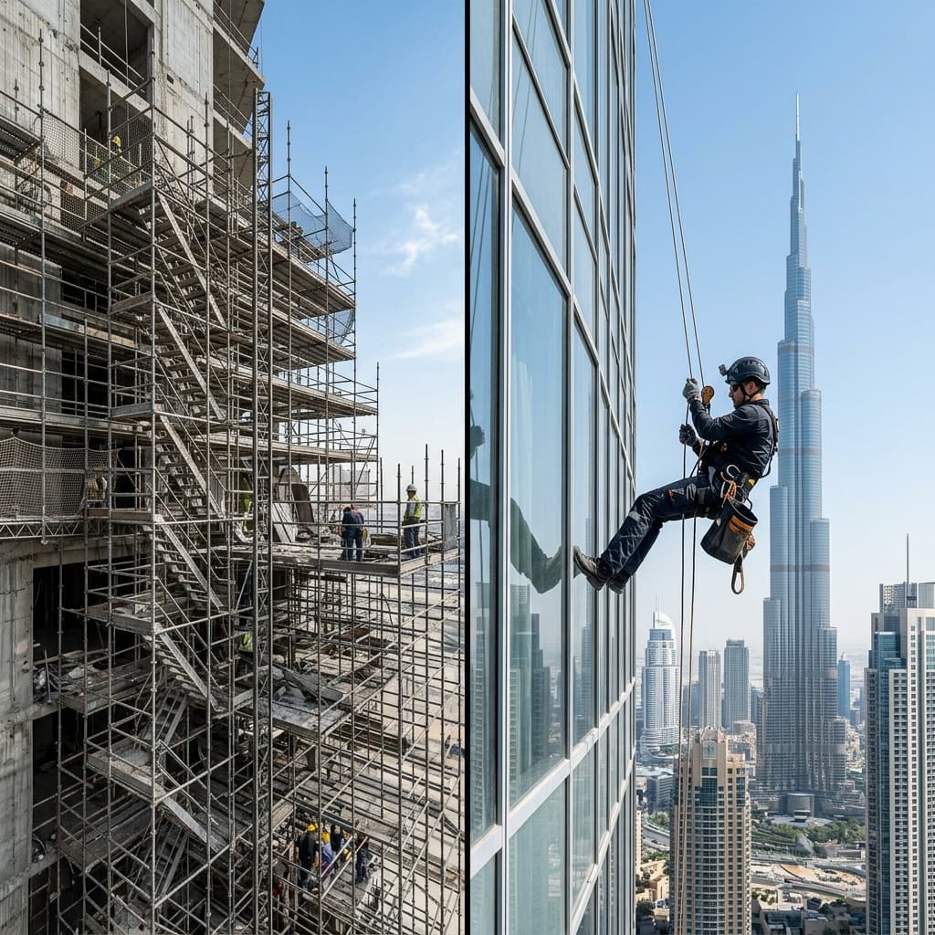 Split screen of scaffolding vs rope access on a Dubai skyscraper