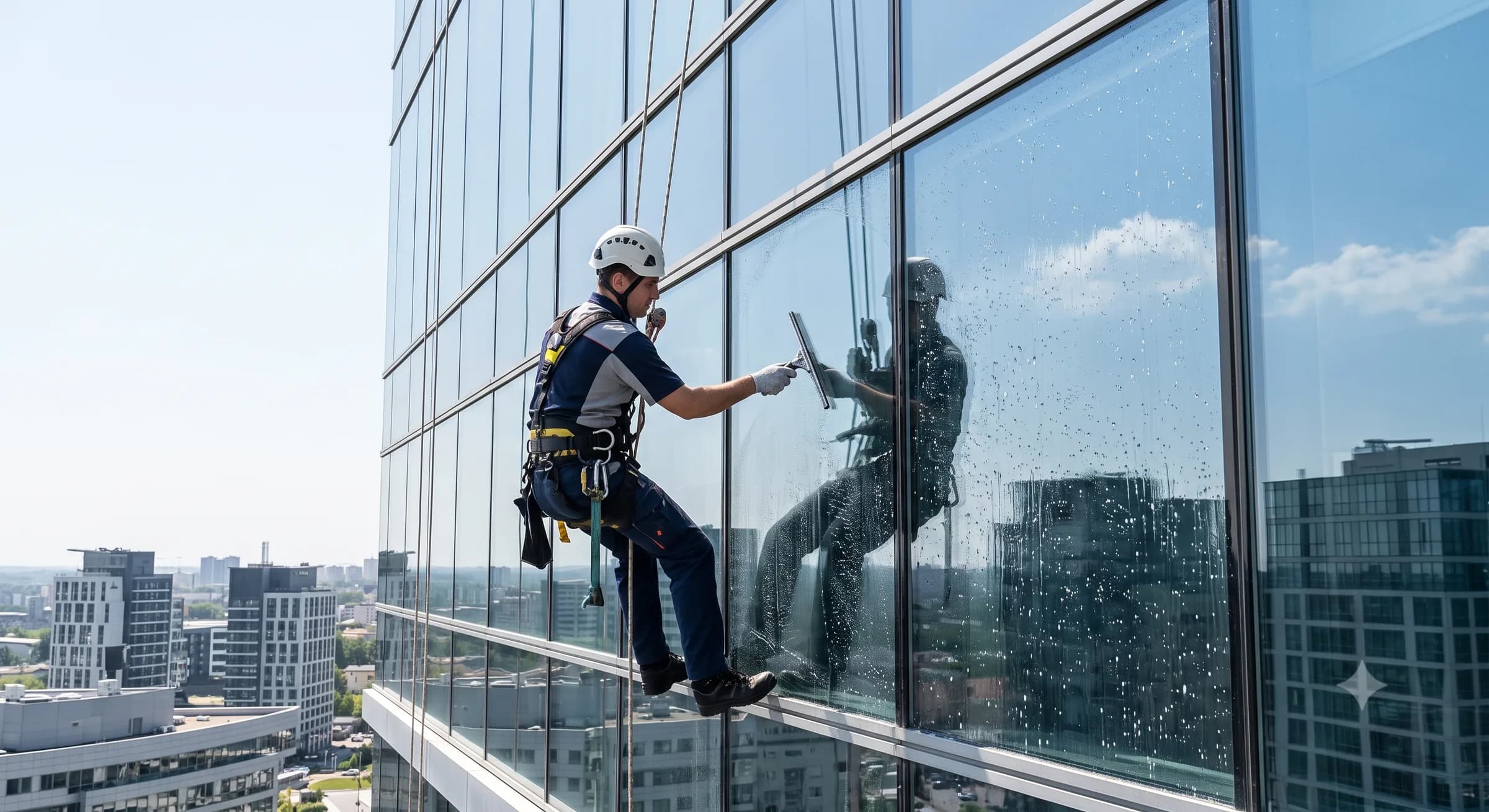 A Vertex rope access technician squeegeeing the glass facade of a high-rise tower