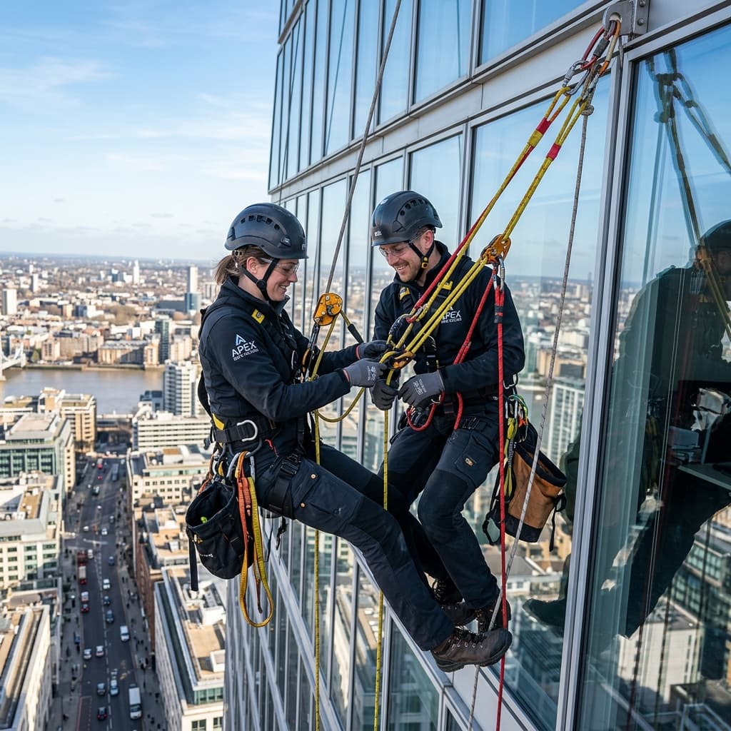 Two Vertex technicians working closely together from ropes on a glass skyscraper